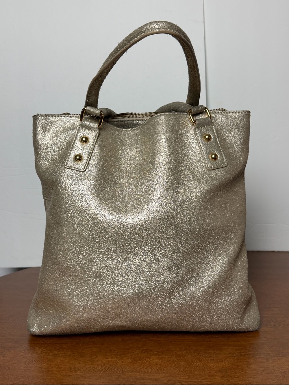 J Crew Metallic Gold Distressed Magazine Tote Bag Leather Vintage Y2K